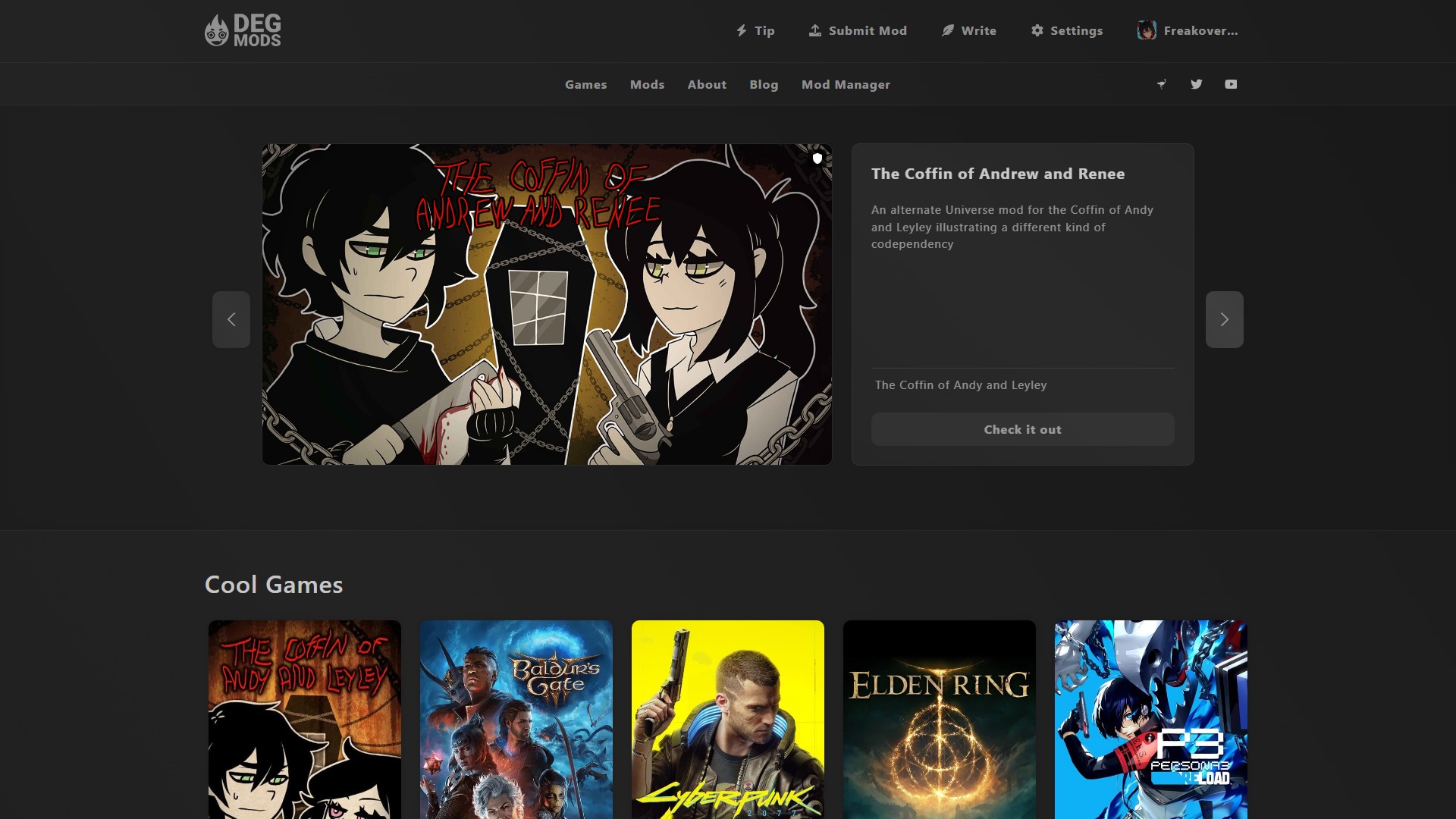 Screenshot of the DEG Mods product website